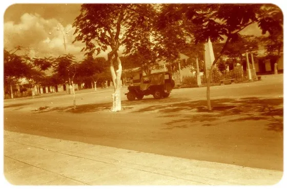 Calle arbolada de Mariquita con vehículo antiguo